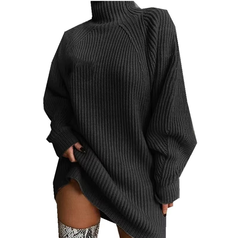 Women's Solid Color Loose Knitted Turtleneck Pullover Dress - Autumn Winter 2023 Collection