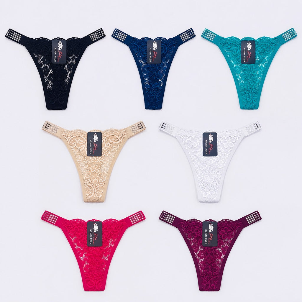 Love Rhinestone Straps Floral Lace T Back Thongs Underwear