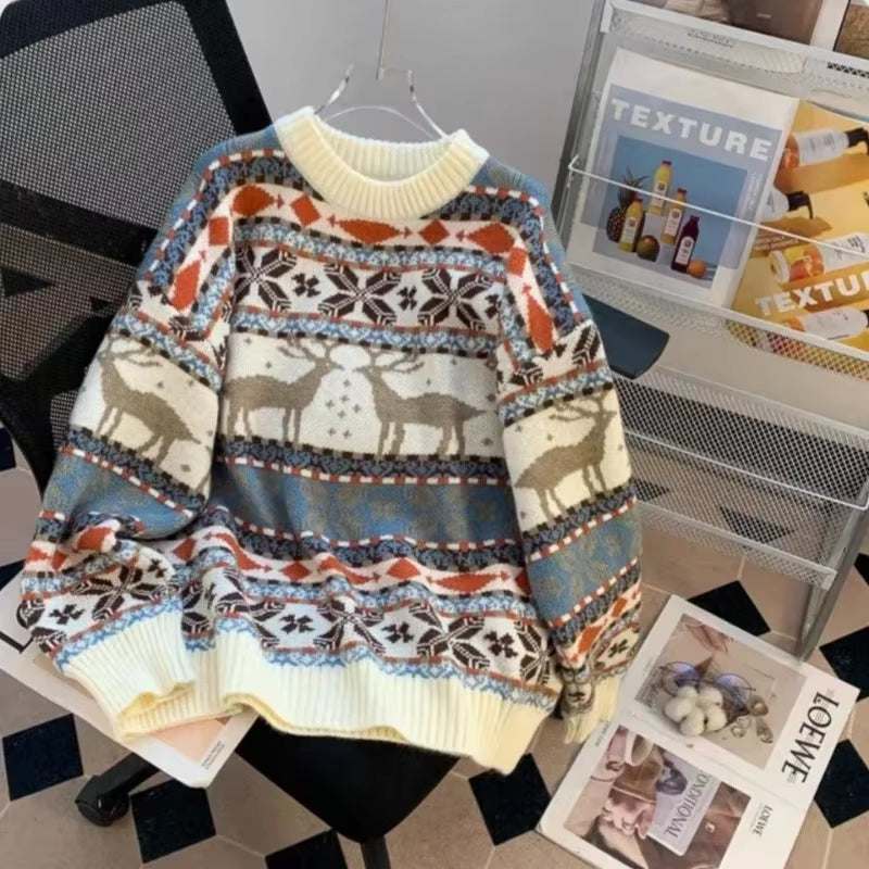 New Retro Christmas Outfit Men Deer Jacquard Sweater Autumn and Winter Loose Lazy Style Men and Women Sweater Men Clothing