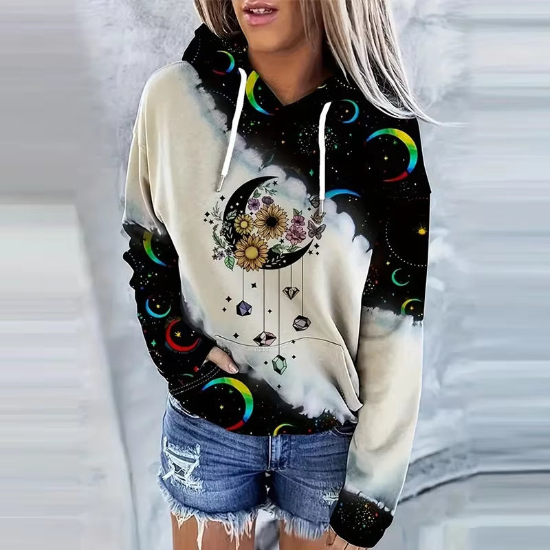 Moon Print Drawstring Hoodie Casual Long Sleeve Hooded Sweatshirt Women'S Clothing