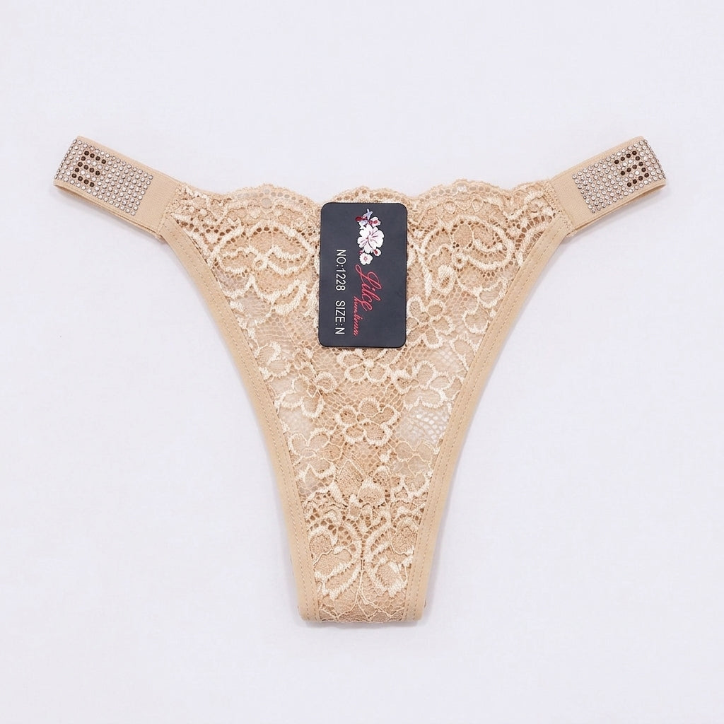 Love Rhinestone Straps Floral Lace T Back Thongs Underwear