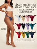 Love Rhinestone Straps Floral Lace T Back Thongs Underwear