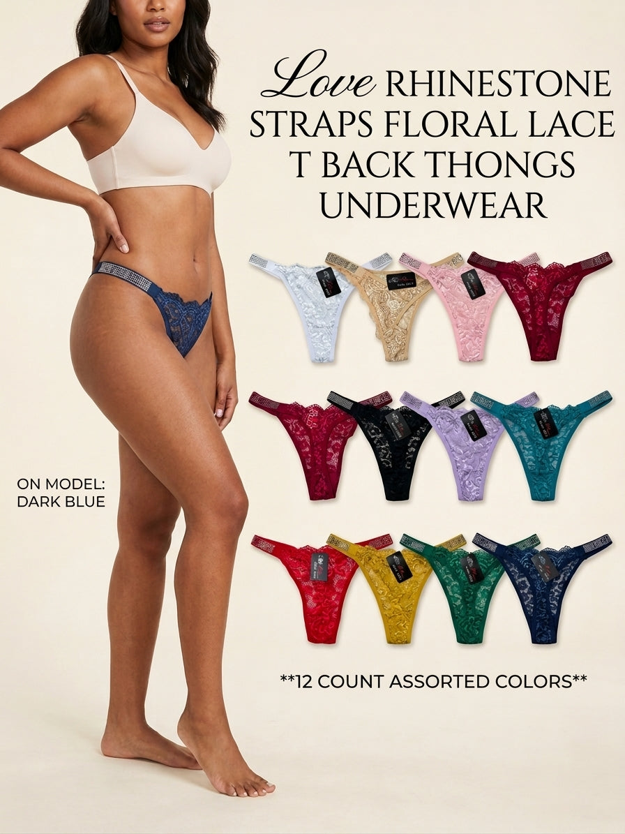 Love Rhinestone Straps Floral Lace T Back Thongs Underwear