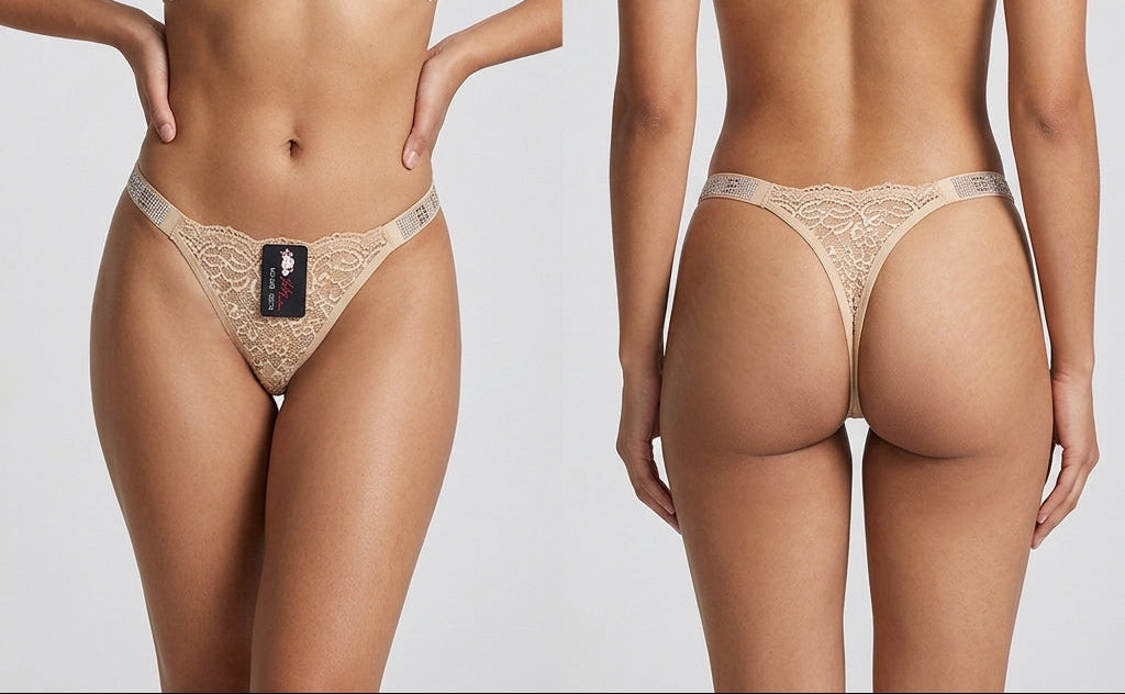 Love Rhinestone Straps Floral Lace T Back Thongs Underwear