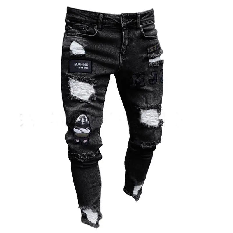 Bottoms 3 Styles Stretchy Ripped Skinny Biker Embroidery Print Jeans Destroyed Hole Slim Fit Scratched High Quality Jean