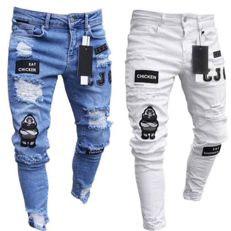 Bottoms 3 Styles Stretchy Ripped Skinny Biker Embroidery Print Jeans Destroyed Hole Slim Fit Scratched High Quality Jean