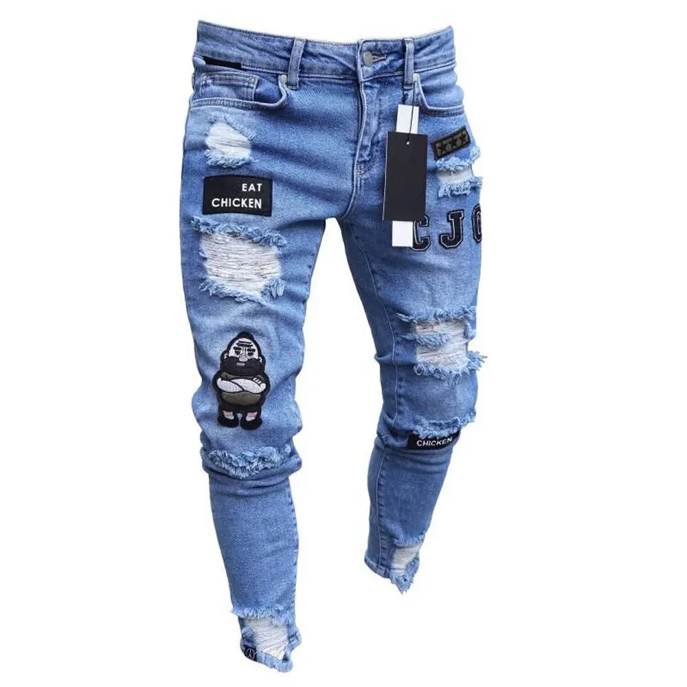 Bottoms 3 Styles Stretchy Ripped Skinny Biker Embroidery Print Jeans Destroyed Hole Slim Fit Scratched High Quality Jean