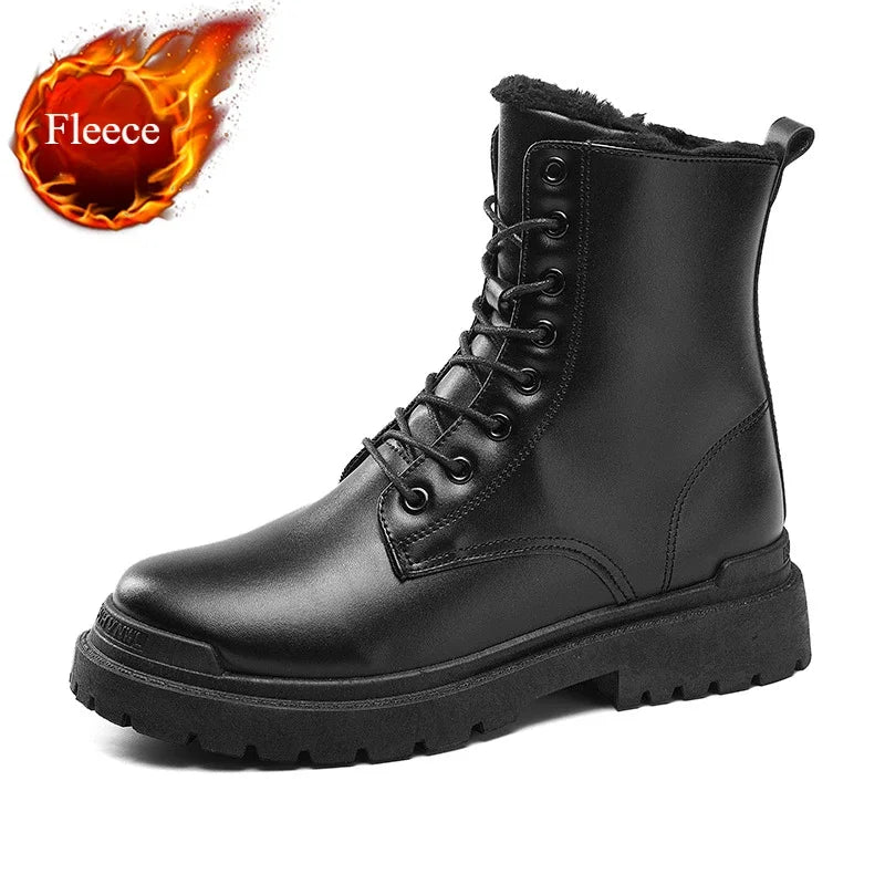 Men's Boots Fashion Motorcycle Ankle Boot Waterproof Leather Boots Lace Up Platform Boots for Men Plush Warm Winter Boot Botas