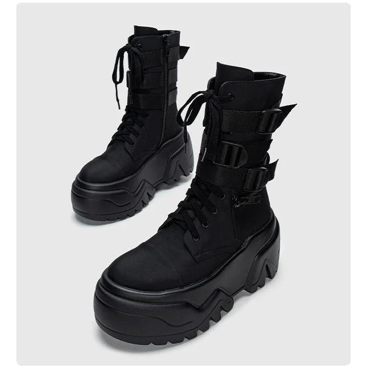 Women Ankle Booties Autumn Leather Chunky Shoes Woman High Platform Breathable Sneakers 9CM Thick Sole Wedges Motorcycles Boots