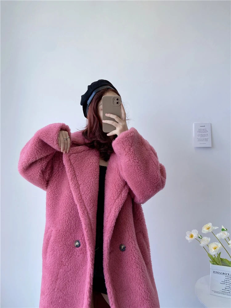 Winter Jacket Women Long Coat  Wool Woven Fabric Thick Warm Outerwear Oversize Fashion Streetwear Teddy Bear Coats