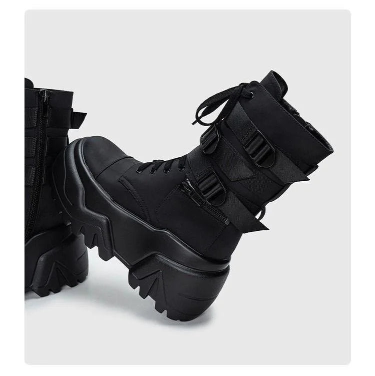 Women Ankle Booties Autumn Leather Chunky Shoes Woman High Platform Breathable Sneakers 9CM Thick Sole Wedges Motorcycles Boots