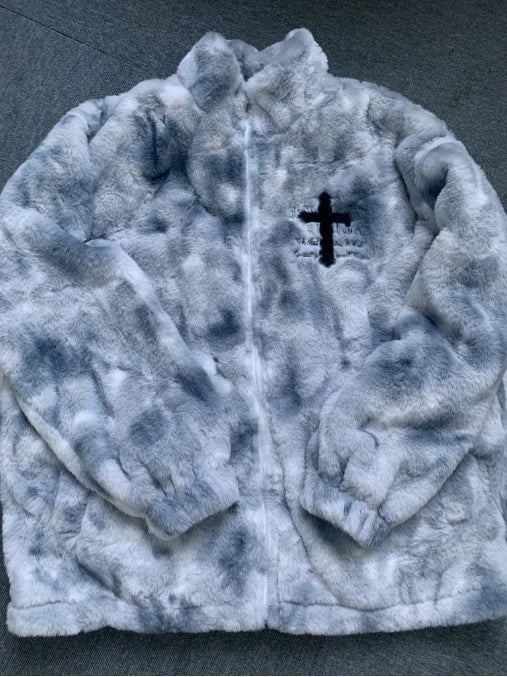 American Style New Hip-hop Embroidered Jacket Men's Imitation Rabbit Fur Stand Up Collar Unisex Loose Cotton Jacket