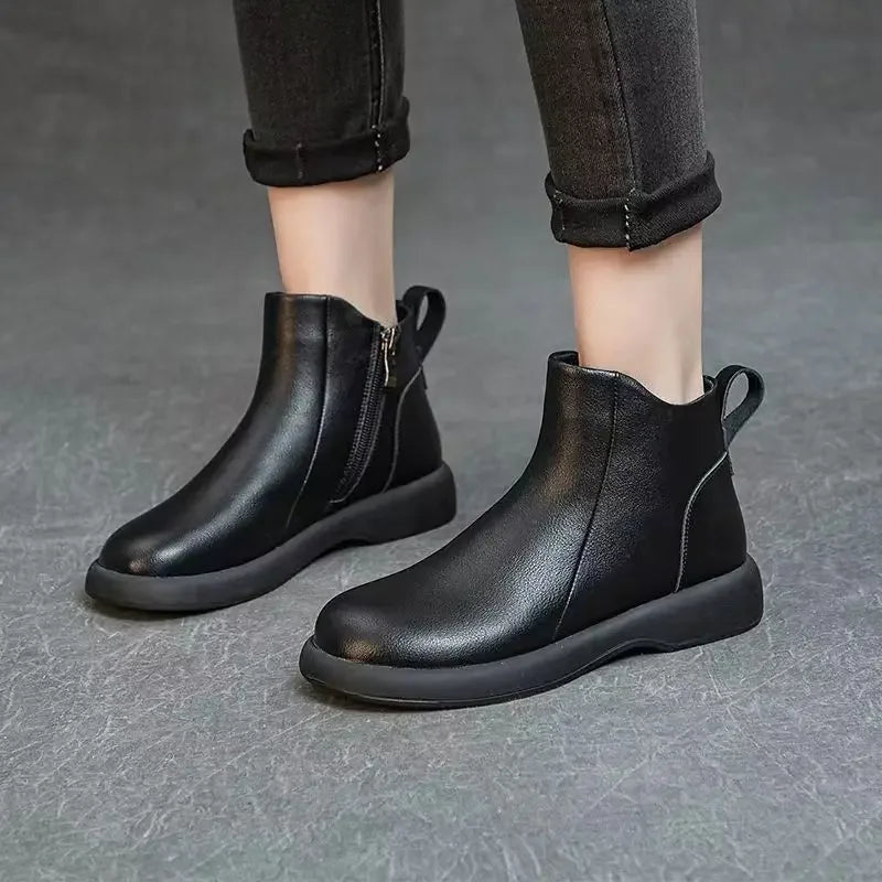 Booties Round Toe Leather Ankle Boots for Women Fur Woman Short Shoes Flat Fashion 2025 Chic and Elegant High Quality Autumn Hot