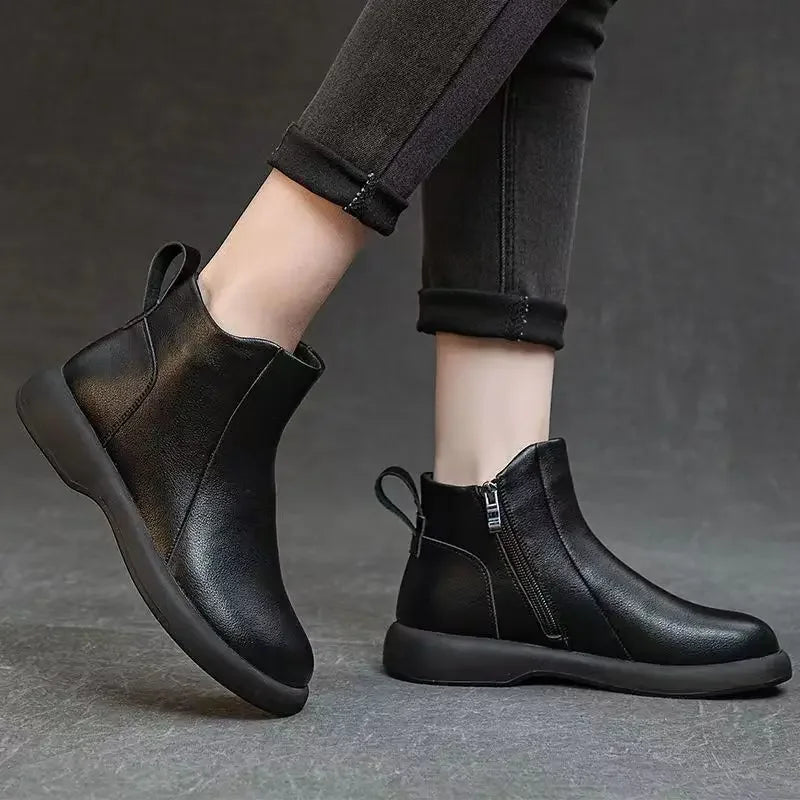 Booties Round Toe Leather Ankle Boots for Women Fur Woman Short Shoes Flat Fashion 2025 Chic and Elegant High Quality Autumn Hot