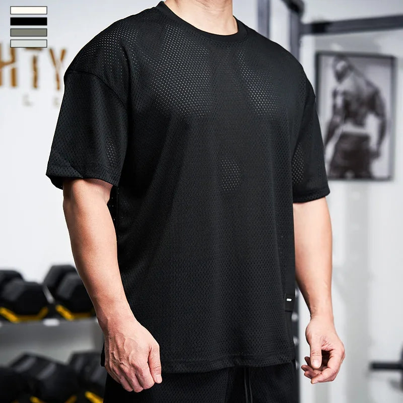 Men Gym Muscle Shirt Running Workout Loose Short Sleeve Tennis Football Training Shirt Quick Dry T-Shirt Casual Crew Neck Tees