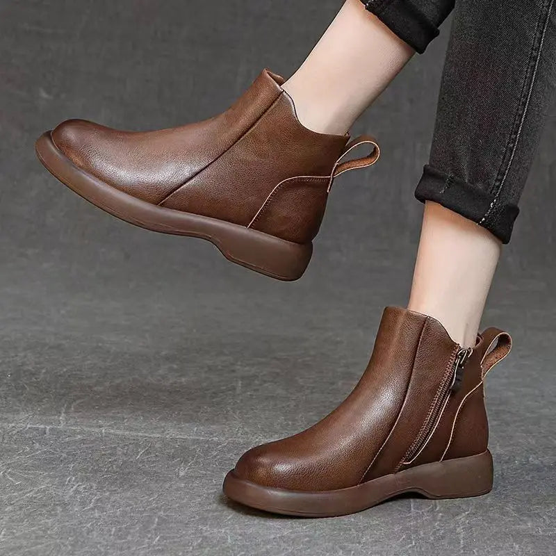 Booties Round Toe Leather Ankle Boots for Women Fur Woman Short Shoes Flat Fashion 2025 Chic and Elegant High Quality Autumn Hot