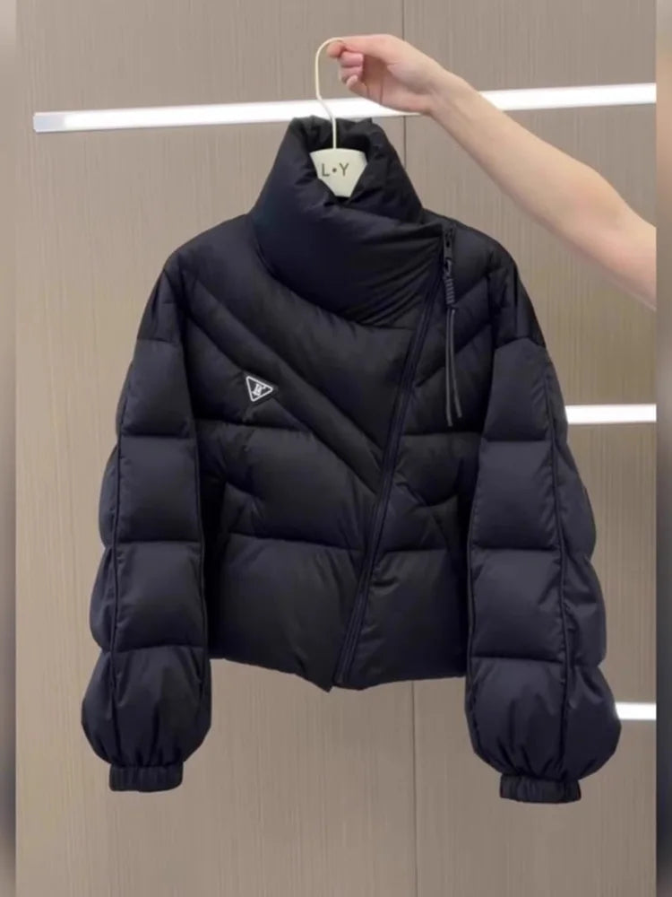 New Cotton Women Winter Warm Short Puff Jacket Korean Design Irregular Cotton Coat Trend Loose Thicken Parkas Tide Black White