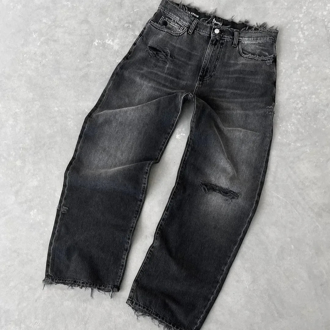Straight Jeans Distressed Men Jean Ripped Holes Washed Denim Pants Ankle Length Loose Solid Zipper Fly Pockets Casual 2025