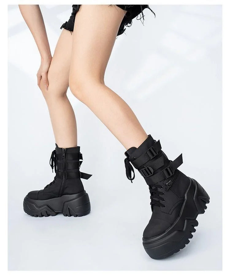 Women Ankle Booties Autumn Leather Chunky Shoes Woman High Platform Breathable Sneakers 9CM Thick Sole Wedges Motorcycles Boots