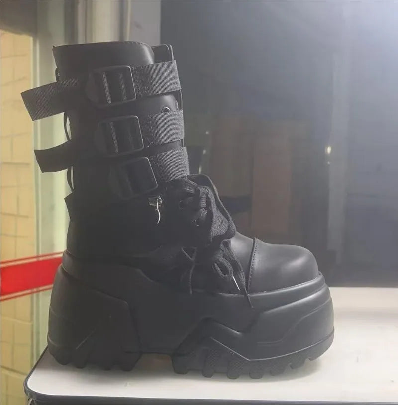 Women Ankle Booties Autumn Leather Chunky Shoes Woman High Platform Breathable Sneakers 9CM Thick Sole Wedges Motorcycles Boots