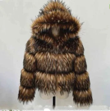 Women Fake Raccoon Fur Jacket Autumn Winter Faux Fur Fox Coats Short Coat Jackets Furry Outerwear Elegant Thick Warm Coats