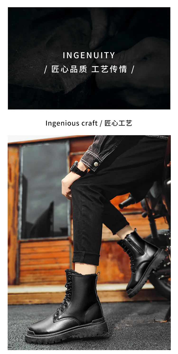 Men's Boots Fashion Motorcycle Ankle Boot Waterproof Leather Boots Lace Up Platform Boots for Men Plush Warm Winter Boot Botas