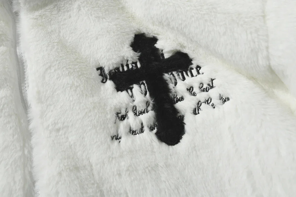 American Style New Hip-hop Embroidered Jacket Men's Imitation Rabbit Fur Stand Up Collar Unisex Loose Cotton Jacket