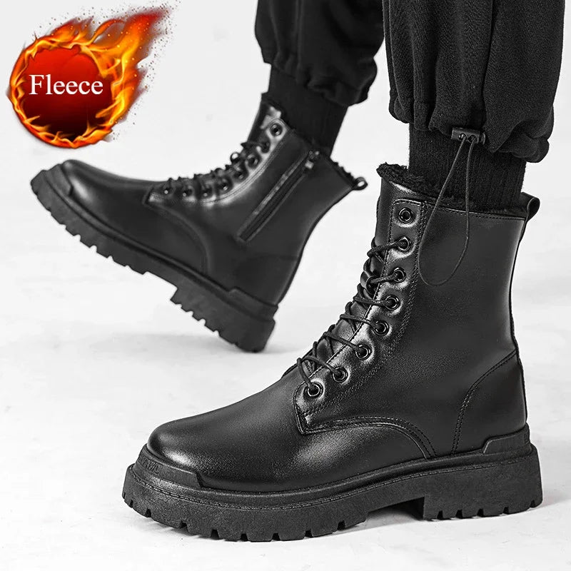 Men's Boots Fashion Motorcycle Ankle Boot Waterproof Leather Boots Lace Up Platform Boots for Men Plush Warm Winter Boot Botas