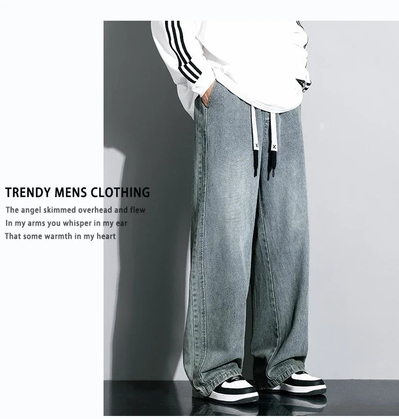 Autumn New Wide Leg Washing Jean Pants Men Trousers Neutral Solid Color Loose Casual Straight Outdoor Fashion Pants Big Size 8xl