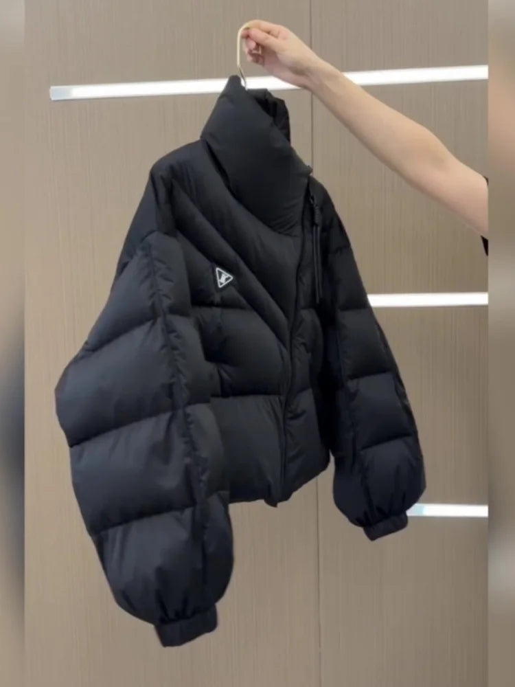 New Cotton Women Winter Warm Short Puff Jacket Korean Design Irregular Cotton Coat Trend Loose Thicken Parkas Tide Black White