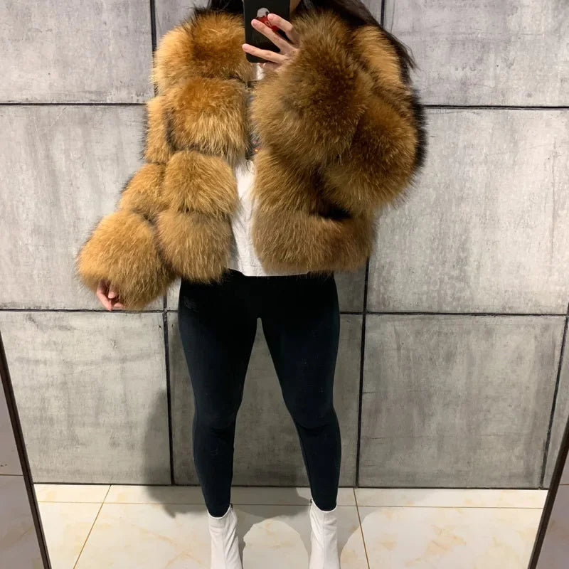Women Fake Raccoon Fur Jacket Autumn Winter Faux Fur Fox Coats Short Coat Jackets Furry Outerwear Elegant Thick Warm Coats