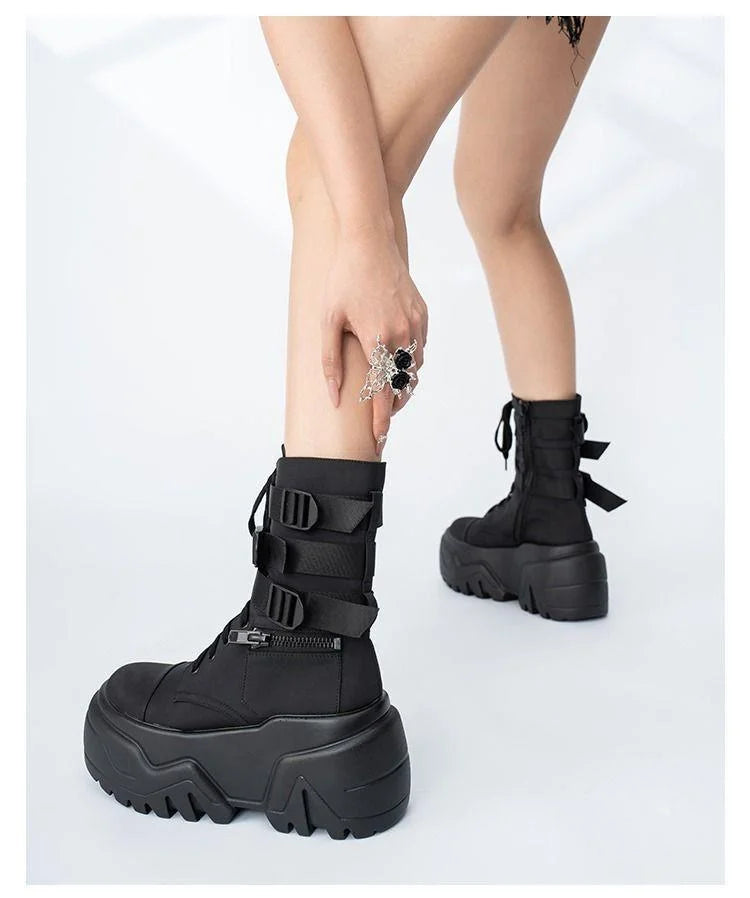 Women Ankle Booties Autumn Leather Chunky Shoes Woman High Platform Breathable Sneakers 9CM Thick Sole Wedges Motorcycles Boots