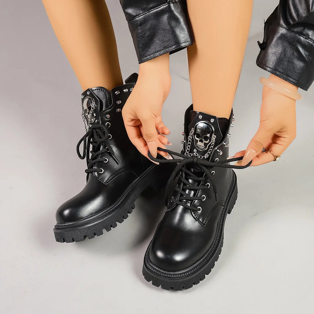 Black Ankle Boots for Women Thick Bottom Autumn Fashion Sweet Cool Short Motorcycle Botas Casual Lace Up Womens Platform Botines