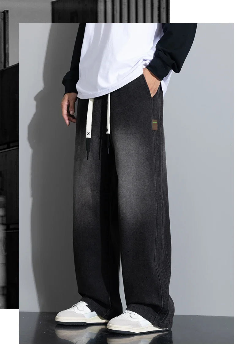 Autumn New Wide Leg Washing Jean Pants Men Trousers Neutral Solid Color Loose Casual Straight Outdoor Fashion Pants Big Size 8xl