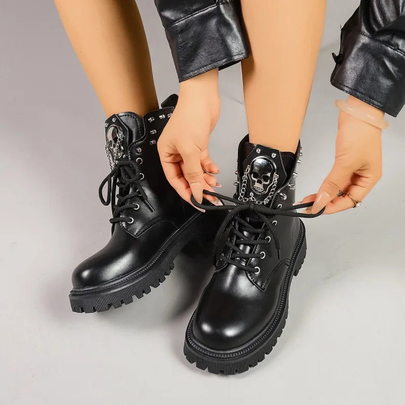 Black Ankle Boots for Women Thick Bottom Autumn Fashion Sweet Cool Short Motorcycle Botas Casual Lace Up Womens Platform Botines