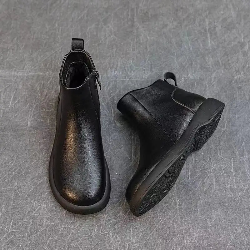 Booties Round Toe Leather Ankle Boots for Women Fur Woman Short Shoes Flat Fashion 2025 Chic and Elegant High Quality Autumn Hot