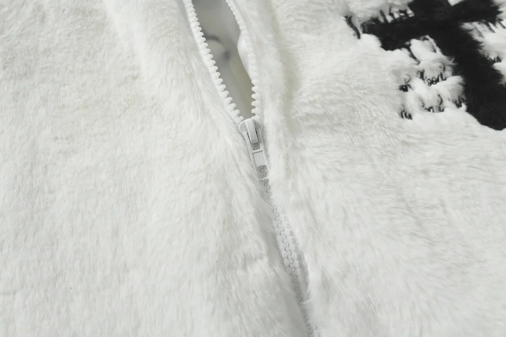 American Style New Hip-hop Embroidered Jacket Men's Imitation Rabbit Fur Stand Up Collar Unisex Loose Cotton Jacket