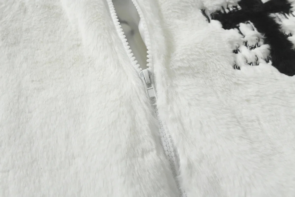 American Style New Hip-hop Embroidered Jacket Men's Imitation Rabbit Fur Stand Up Collar Unisex Loose Cotton Jacket