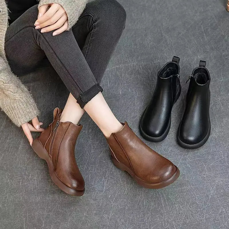 Booties Round Toe Leather Ankle Boots for Women Fur Woman Short Shoes Flat Fashion 2025 Chic and Elegant High Quality Autumn Hot