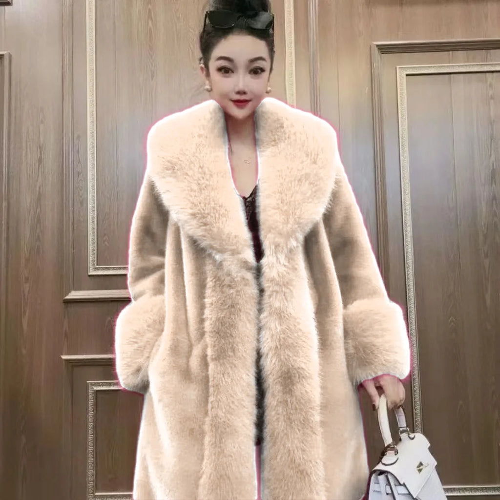 Faux Fur Coats Women Long Coat Thick Warm Turn Down Collar Open Stitch Spring Outerwear Jackets Elegant Splice Autumn Winter