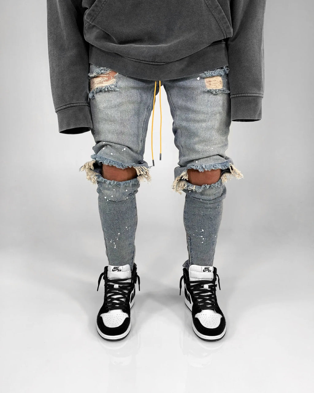 Men Long Jeans Pants Denim Pencil Pant Hole Splice Simple Slim Fit Zipper Lace Up Tight Waist Straight Trousers Autumn