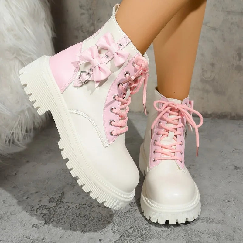 Bow Love Platform Single Boots Spring and Autumn New Round Toe Colorblock Front Lace-up Platform Short Boots