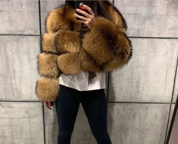 Women Fake Raccoon Fur Jacket Autumn Winter Faux Fur Fox Coats Short Coat Jackets Furry Outerwear Elegant Thick Warm Coats