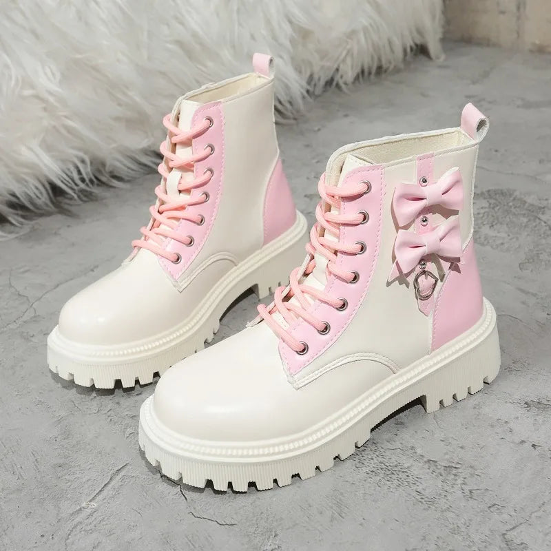Bow Love Platform Single Boots Spring and Autumn New Round Toe Colorblock Front Lace-up Platform Short Boots