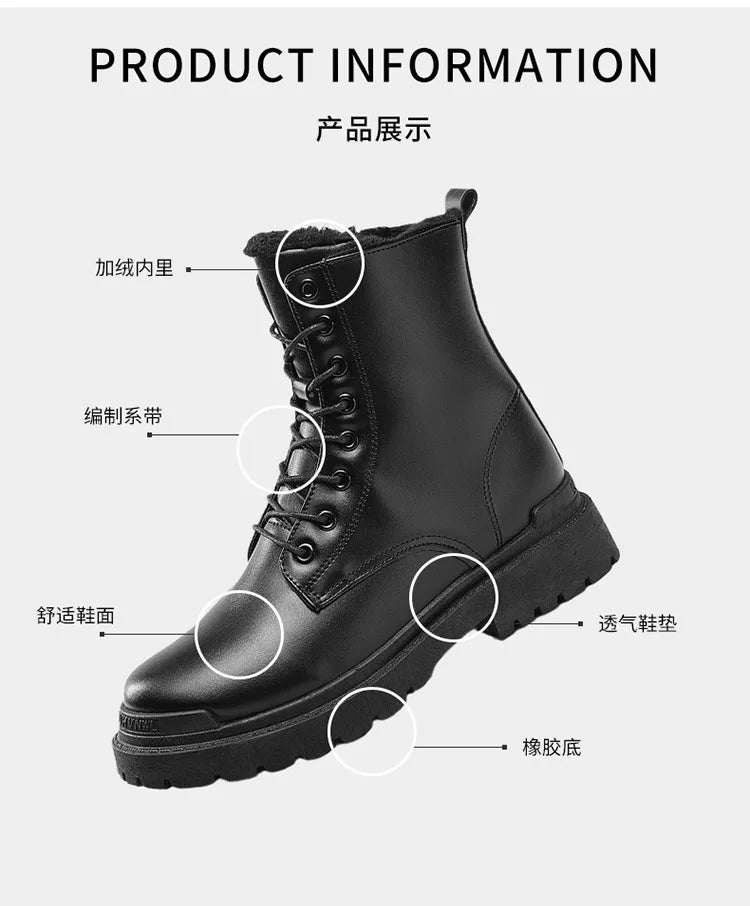 Men's Boots Fashion Motorcycle Ankle Boot Waterproof Leather Boots Lace Up Platform Boots for Men Plush Warm Winter Boot Botas