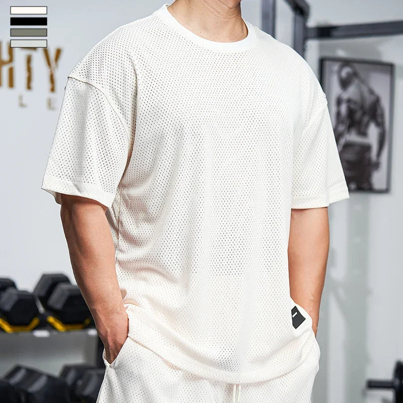 Men Gym Muscle Shirt Running Workout Loose Short Sleeve Tennis Football Training Shirt Quick Dry T-Shirt Casual Crew Neck Tees