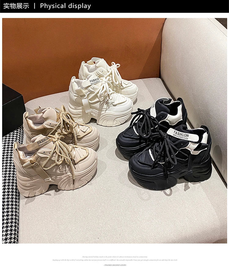 Women Walking Sneakers Autumn Lace-up High Platform Chunky Shoes Breathable Leather Shoes 10CM Winter Wedge Heels Casual Shoes