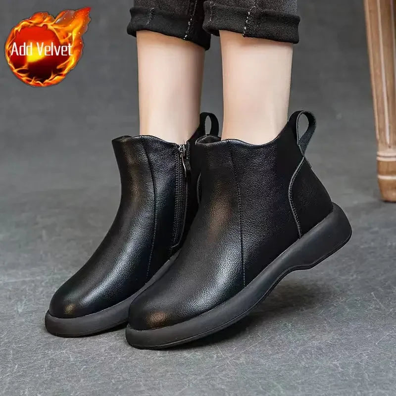Booties Round Toe Leather Ankle Boots for Women Fur Woman Short Shoes Flat Fashion 2025 Chic and Elegant High Quality Autumn Hot