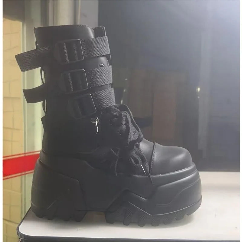 Women Ankle Booties Autumn Leather Chunky Shoes Woman High Platform Breathable Sneakers 9CM Thick Sole Wedges Motorcycles Boots