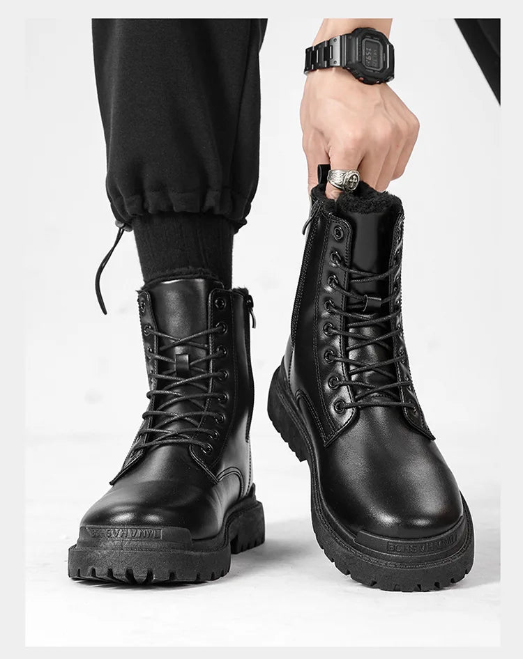 Men's Boots Fashion Motorcycle Ankle Boot Waterproof Leather Boots Lace Up Platform Boots for Men Plush Warm Winter Boot Botas